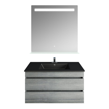 32" Glance Frozen Gray Vanity, Matt Black Sink, Ronda Mirror