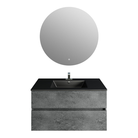 32''Concrete Gray Vanity, Matt Black Sink, Moon Mirror