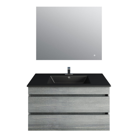 36'' Glance Frozen Gray Vanity, Matt Black Sink, Linea Mirror